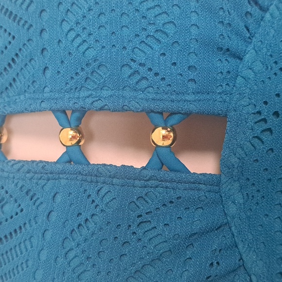 SALT + COVE Crochet High-Neck Tankini Swim Top Teal Blue - Picture 6 of 11